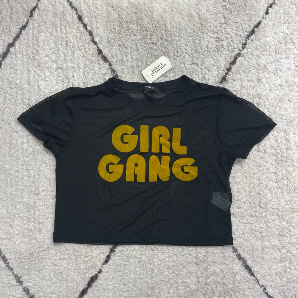🎉Host Pick🎉Forever 21 Black & Yellow Girl Gang Sheer Mesh Crop Top - Picture 2 of 2